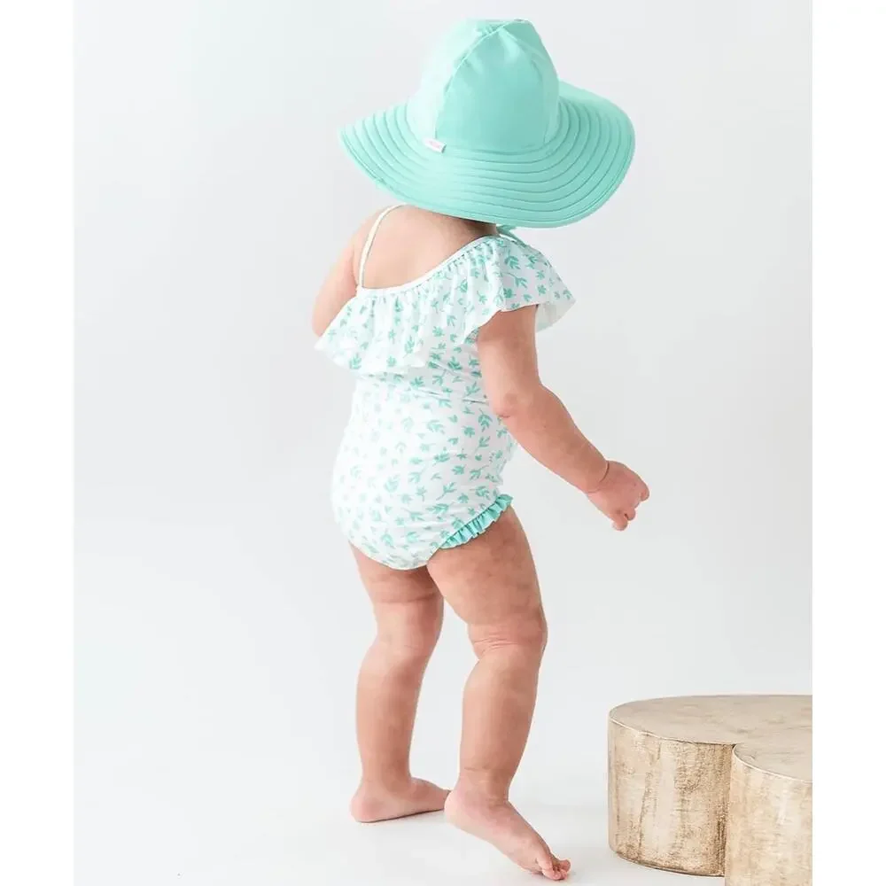 RuffleButts Baby Girls UPF 50+ Wide Brim Swim Sun Hat Vintage Aqua  0-12M Beach